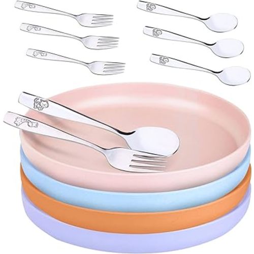 Bamboo Plates for Kids and Toddlers – 12 Pack Bamboo Toddler Plates & Stainless Steel Silverware Set – 8 Inch Bamboo Kids Plates – Eco-Friendly Kids Bamboo Plates – Dishwasher Safe