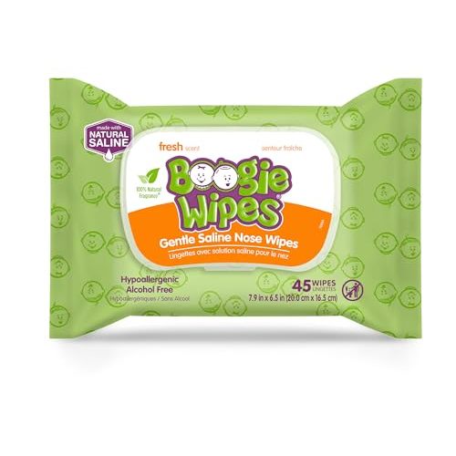 Saline Nose Wipes by Boogie, for Baby & Kids, Face, Hand & Body, FSA/HSA Eligible, Made with Vitamin E, Aloe, and Natural Saline, Fresh Scent, 45 Count (Pack of 1)