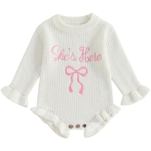Baby Girl Ruffle Sweater Romper She's Here Letter and Bow Embroidered Print Sweater Fall Newborn Coming Home Clothes