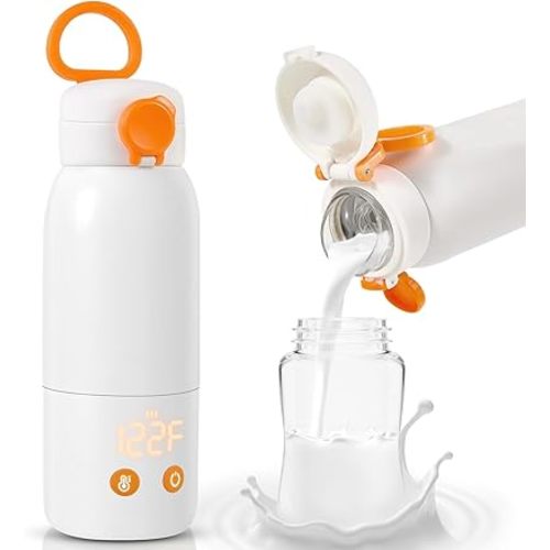 Portable Bottle Warmer for Travel, 12oz Large Capacity Fast Heating Breast Milk, Water & Formula On The Go Baby Bottle Warmer Accurate Temp Control with 4 Levels Long Battery Life for Car & Airplane