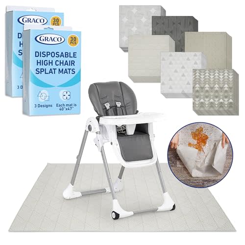 Graco Baby Disposable Splat Mats, 6 Subtle Designs 60 PACK (10 Each) 47" x 40” | Biodegradable & Compostable, Eco-Friendly Floor Protector, Under High Chair for Baby Led Weaning, Home & Restaurant Use