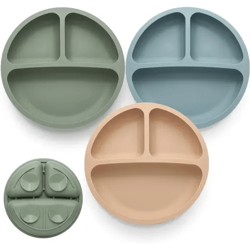 Toddler Plates 3 Pack, Divided Suction Plates for Baby, 100% Food Grade Silicone Baby Plates, Non-Slip, Baby Led Weaning Supplies, Microwave & Dishwasher Safe