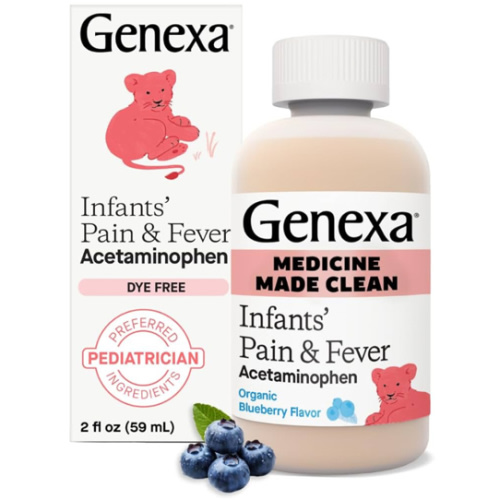 Genexa Infants' Clean Acetaminophen | Pediatrician Preferred Ingredients | Pain Reliever & Fever Reducer for Babies | Dye Free, 0% Artificial Additives | Delicious Organic Blueberry Flavor, 2 fl oz
