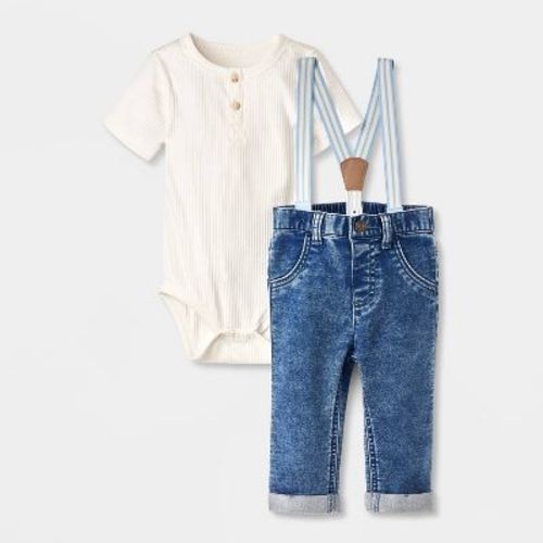 Baby Boys' Denim Suspender Set - Cat & Jack™ Cream Newborn