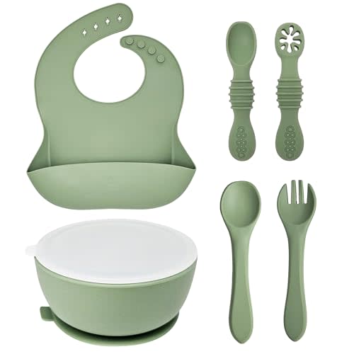 HippoBaby 6 Piece Baby Bowls With Suction and Lids | Toddler Bowl Set with 1 Bowl, 1 Bib, 2 Baby Spoons, 1 Large Spoon, 1 Large Fork, Baby Feeding Essentials (1, Mint)