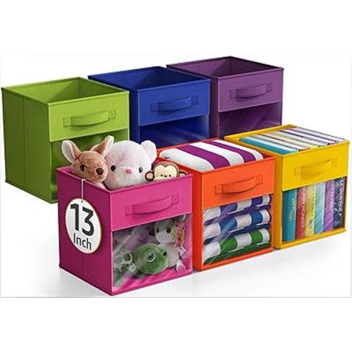 Sorbus 13 Inch Storage Bins with Clear Window - 6 Foldable Baskets for Organizing Clothes, Toys, Books - Sturdy Collapsible Fabric Storage Cubes with Handle - Storage Baskets for Shelves, Closets
