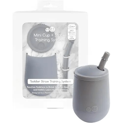 ezpz Mini Cup + Straw Training System - 9 Months+ (Gray) - 100% Silicone Training Cup for Infants + Toddlers - Designed by a Pediatric Feeding Specialist