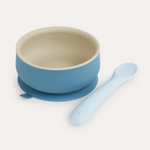 Buy the Blue KIDLY Label Suction Bowl & Spoon Set | KIDLY