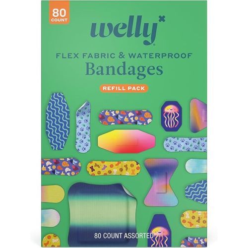 Welly Bandage Family Pack | Adhesive Flexible Fabric & Waterproof Bandages | Assorted Shapes and Patterns for Minor Cuts, Scrapes, and Wounds - 80 Count