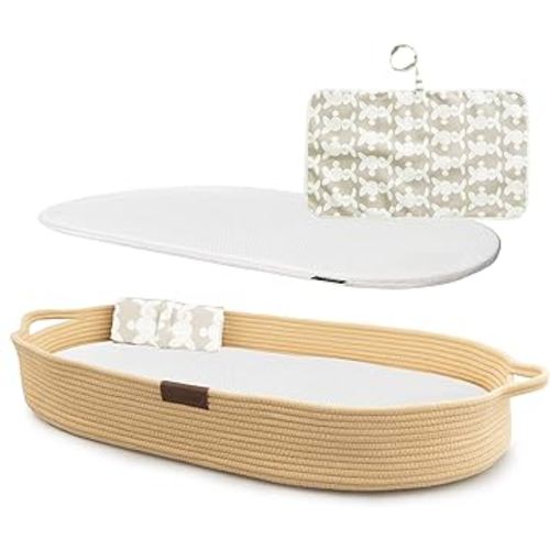 Deluxe Baby Changing Basket with Extra Travel Diaper pad, Foldable Baby Changing Pad with Water Repellent Cover, Cotton Rope Baby Basket, Changing Table Topper for Dresser (Cream)