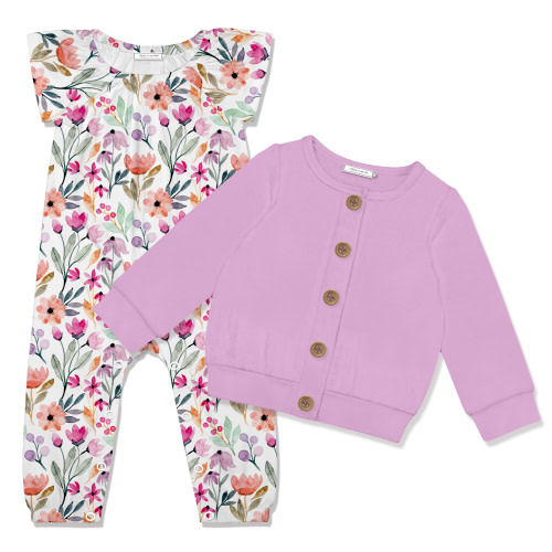 White Petulia Floral Cap-Sleeve Playsuit & Lilac Cardigan