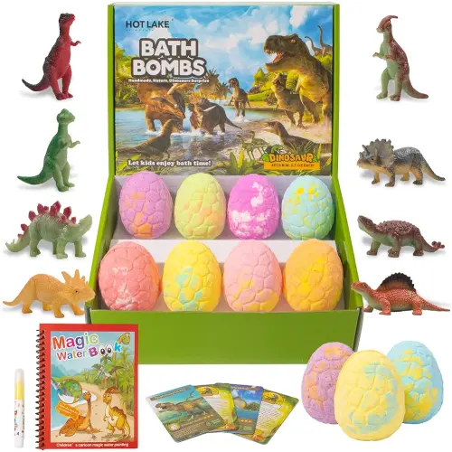 HOTLAKE Dinosaur Bath Bombs Gift Set,8 Pack Organic Bath Bomb for Kids with Surprise Toy Inside,Dino Egg Bathbombs Kit for Christmas or Birthday Gift for Girls and Boys