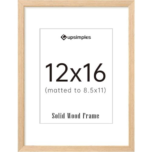 upsimples 12x16 Frame, Natural Solid Wood Picture Frames, Display 8.5x11 with Mat or 12 x 16 Without, Vertical & Horizontal Wall Hanging, 1 Pack, Natural