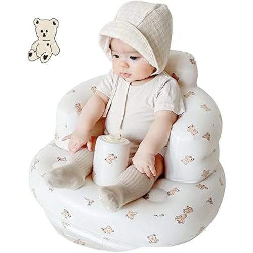 Inflatable Baby Seat - Infant Safety Support, Blow Up Baby Floor Seat with Built in Air Pump- Perfect for Travel, Beach, Camping - Ideal for Babies 3 Months and Up (Bear)