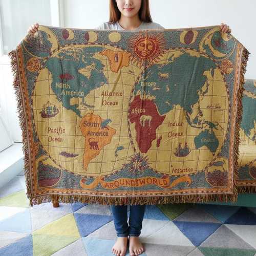 Vintage World Map Woven Cotton Tapestry Throw with Fringe