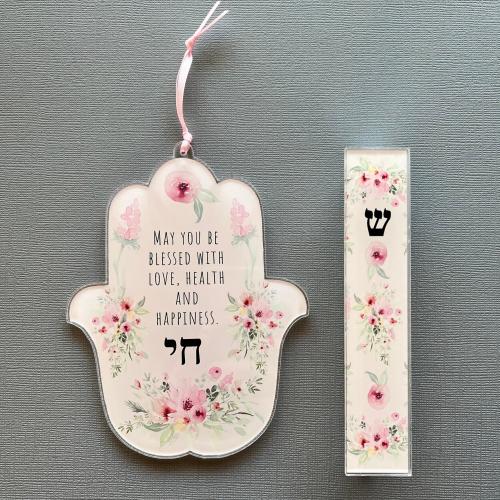 Hamsa and Mezuzah, Pink Flowers Design, Jewish Gift for Baby Naming, Housewarming, Engagement, Wedding