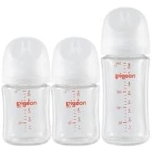 Pigeon Glass Nursing Baby Bottle Wide Neck(Pack of 3), Streamlined Body, Natural Feel, Easy to Clean, Heat-Resistant,5.4Oz and 8.1 Oz