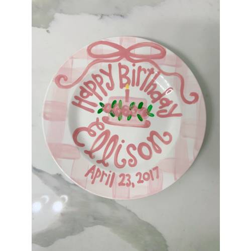Girls birthday plate / pink gingham bow ribbon first birthday / pink and white
