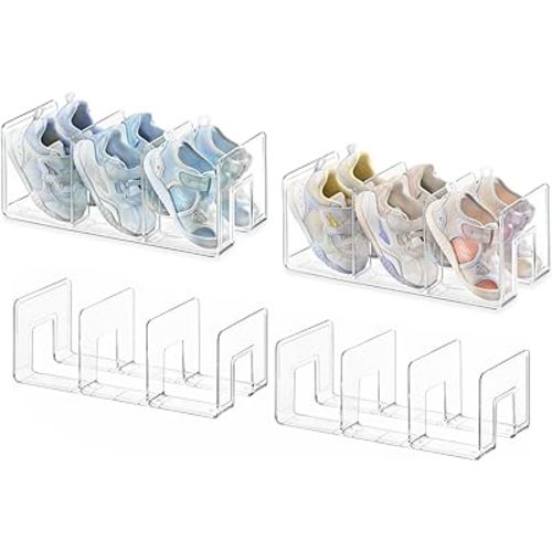 Widened 4.17 Inch Clear Acrylic Kids Shoe Rack for Closet Organizers and Storage 4 Pack, 3 Sections Small Toddler Baby Shoe Storage Organizer Shelf, Desk File Sorter Book Purse Organizer