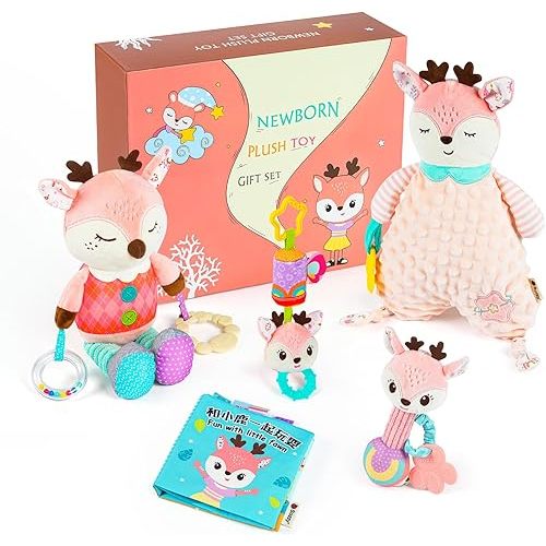 Baby Toys 0-6 Months, 5Pcs Cute Deer Set Rattle Toys, Baby Rattles 0-6 Months with Teething Toy, Hanging Toys for Stroller and Cloth Books, Gifts Set for Infant Newborn Boys Girls 0 3 6 9 12 Months