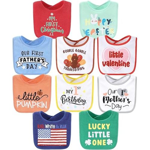 The Peanutshell Baby Boy or Girl Terry Bibs Set of 10-100% Cotton, Soft, Absorbent Baby Bibs, Unisex Toddler Boy or Girl Set, Newborn & Infant - Holiday