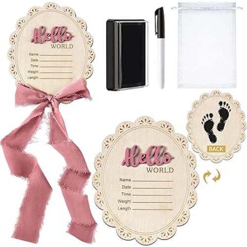 Baby Announcement Sign 7 Inch Double Sided Wooden Hello World Newborn Engraved Sign with Organza Bag Marker Pen Ink Pad Ribbon Bow for Baby Shower Hand Footprint Photo Prop (Rose Pink Bow)