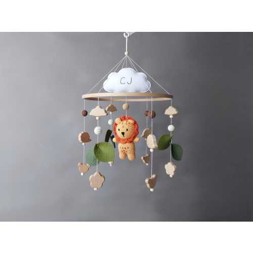 Safari nursery decor Crochet lion baby crib mobile neutral with music and baby rattle Personalized cot hanging jungle animal mobile gift