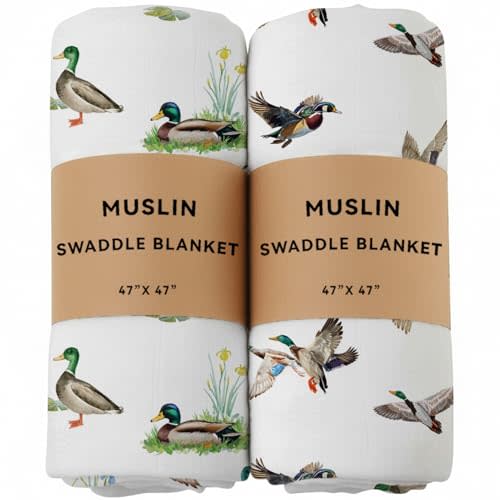 2 Pack Mallard Duck Muslin Swaddle Blankets 70% Bamboo 30% Cotton Breathable Receiving Blankets Gender Neutral Newborn Essentials for Baby Boy or Girl Soft and Large 47 x 47 Inches (Mallard Duck)