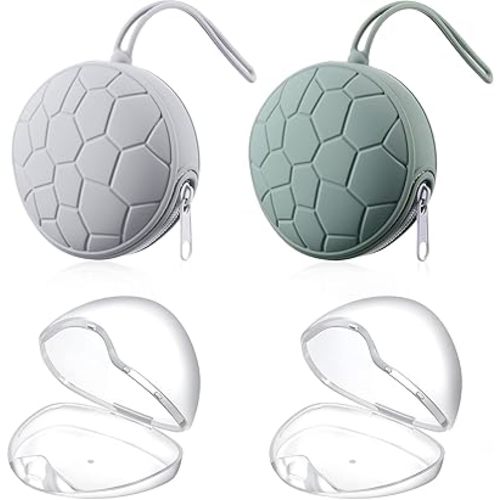 Nuanchu 4 Pieces Pacifier Holder Case Set 2 Silicone Portable Pacifier Case Cover Pouch for Diaper Bag with 2 Transparent BPA Free Pacifier Storage Container Box(Gray, Army Green)