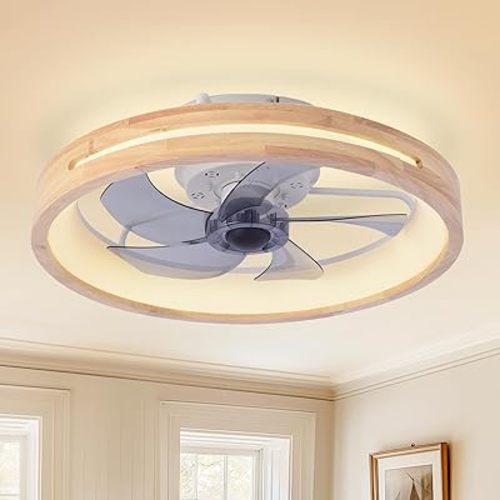 Modern Low Profile Ceiling Fans with Lights and Remote, 20" Wooden Flush Mount Reversible Bladeless Ceiling Fans with Light,3000K-6000K Dimmable LED Timing and 6 Wind Speeds