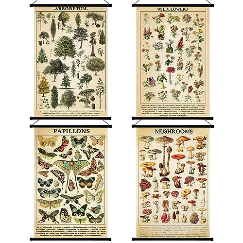 Lewtemi 4 Pcs Vintage Mushroom Wildflowers Poster Fungus Butterfly Tree Wall Hanging Prints Illustrative Reference Chart Poster for Classroom Living Room Decor, 15.7 x 23.6 Inch