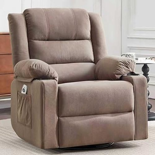 Ketaiyou Rocker Swivel Recliner Chair for Adults, Overstuffed Large Manual Recliner Glider with Massage and Heat, Comfy Soft Fabric Living Room Reclining Sofa Chair (Mocha)