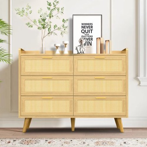 Capri Rattan 6 Drawer Dresser, Storage Wide Chest of Drawers, Storage Cabinet for Women, Kids, Baby, Nursery, Girls, Bedroom Living Room Furniture, Natural