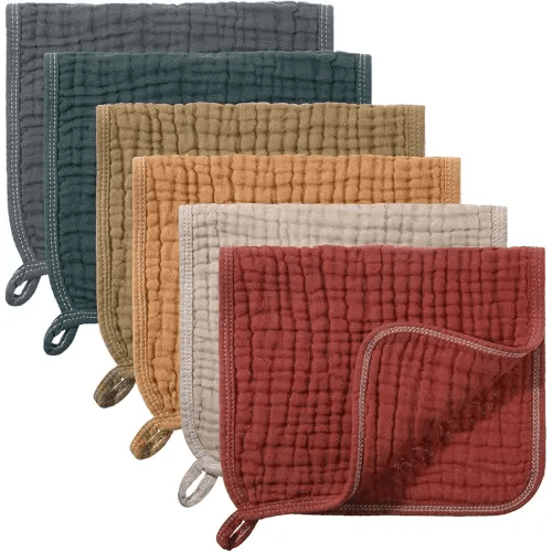 6 Pcs Muslin Burp Cloths Pure Cotton Baby Burping Rags 20 x 10 Inch 6 Layers Spit up Rags Neutral Large Soft Absorbent Multicolor Muslin Washcloths Diapers for Newborn Girl Boy (Dark Color Series)