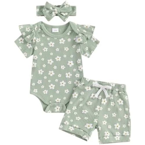 Newborn Baby Girl Clothes Summer Knit Ribbed Floral Print Short Sleeve Romper Shorts Headband Outfit Set