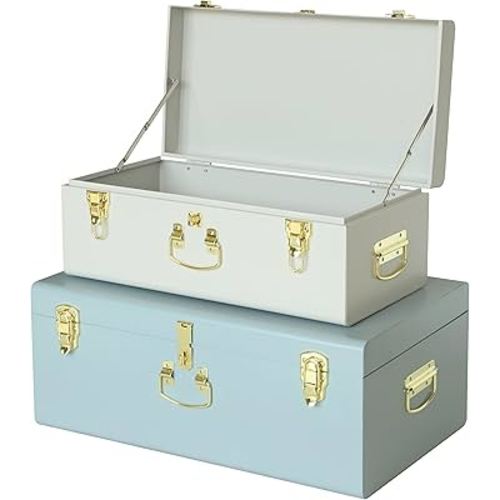 Vixdonos Decorative Large Metal Box Storage Trunk Chest Set of 2 College Dorm Organizer with Hardware Hasps and Handle for Home Deocr,23.7X14.2X9.5 Inches(White and Blue)