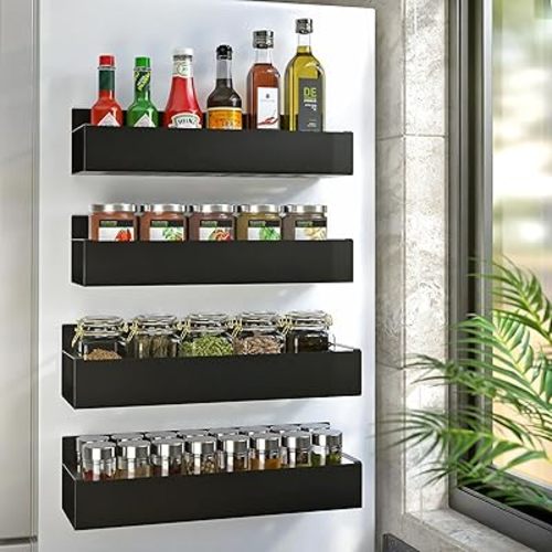 4 Pack Magnetic Spice Rack for Refrigerator, Moveable Magnetic Spice Organizer, Black Metal Strong Magnetic Shelf for Fridge and Microwave Oven, Space Saving for Kitchen