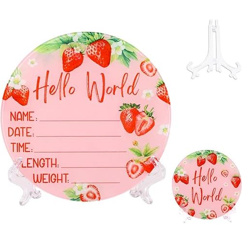 Acrylic Baby Birth Announcement Sign with Stand, Strawberry Double-Sided Newborn Name Board Red, Hello World Milestone Card for Welcome Baby Hospital Nursery Gift Photo Prop