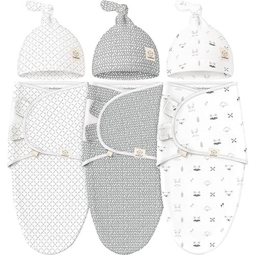 KeaBabies 3-Pack Swaddles for Newborn Baby Girls, Boys with Hats - Organic Soft Baby Sleep Sacks, Breathable Baby Swaddle 3-6 Months Beanies Set, Premie Infant Sleep Sack 0-3 Months (Nordic)