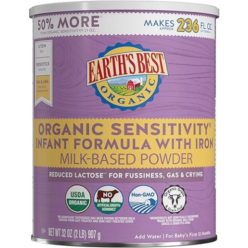 Earth's Best Organic Sensitivity Infant Formula for Babies 0-12 Months, Reduced Lactose Powder Formula with Iron, Omega-3 DHA, and Omega-6 ARA, 32 Ounce Value Container