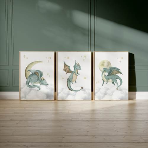 Set of 3 Dragon Nursery Wall Art Prints, Dragon Nursery Decor, Green Nursery Prints, New Baby, Nursery Prints, Stars and clouds