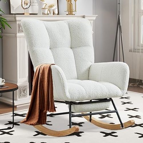 Rocking Chair Nursery with Foot Rest,Upholstered Glider Chair with High Backrest, Rocker Accent Armchair with Solid Wood Legs for Nursery Bedroom Living Room（Beige）