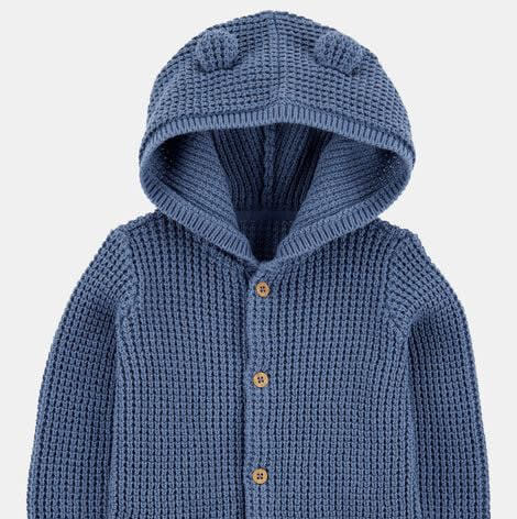 Baby Hooded Waffle Knit Cardigan - Navy Blue (Size 3M)