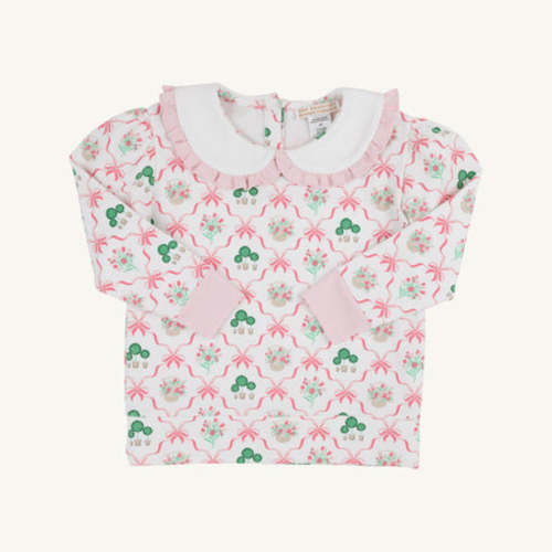 Maude's Ruffle Cassidy Comfy Crewneck - Boxwoods & Bows with Worth Avenue White & Palm Beach Pink