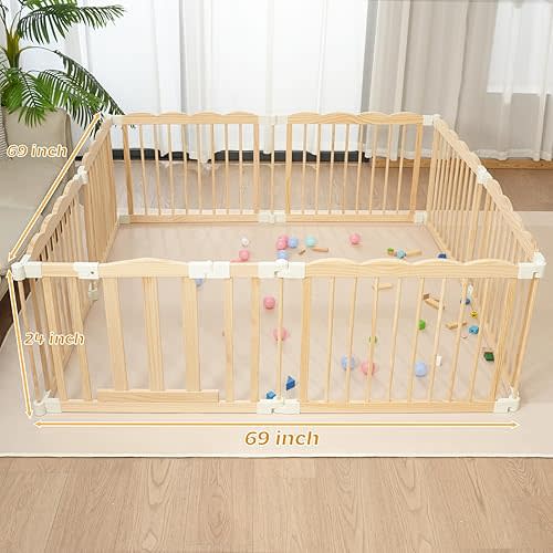 Baby Playpen Natural Wood Playpen for Babies and Toddlers Portable Infant Play pens for Kids Extra Large Toddler Wood Fence Play Area with Suction Cups