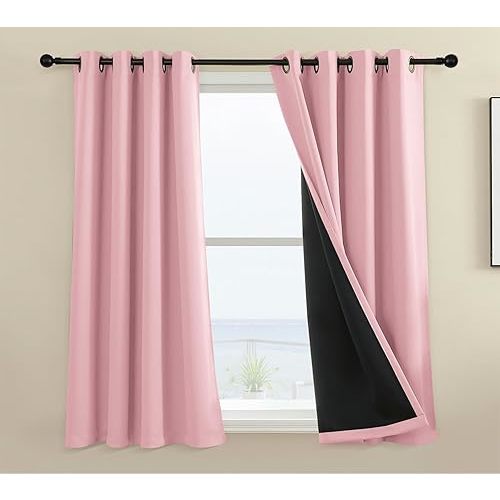 Rutterllow 100% Blackout Curtain 2 Panels, Heat and Full Light Blocking Drapes with Grommets for Bedroom, Red Thermal Insulated Window Treatment Drapes for Living Room (Pink, 2 Panels, 52 x 36 inch)