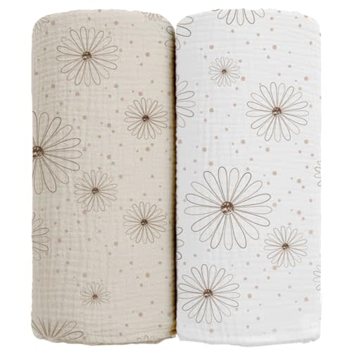 lulumoon Baby Muslin Swaddle Blankets: Soft Receiving Blanket for Newborn - Cotton Swaddling Blanket for Neutral 2Pack(Daisy), Printed