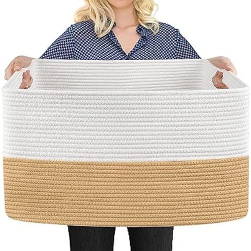 Extra Large Baskets for Organizing, 23.6" x 15.7" x 14.1" Rectangle Woven Baskets for Bathroom Towel Storage, Cotton Rope Towel Blanket Pillow Shoe Bin, Big Wicker Kids Toy Organizer Box