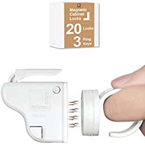 Cabinet Locks for Babies Magnetic (20 Locks 3 Ring Keys) - RovingCove Child Proof Cabinet Latches and Drawer Locks, Child Safety and Baby Proofing Locks, 3M Adhesive Pre-Taped, Ivory White - 20 Count (Pack of 1)