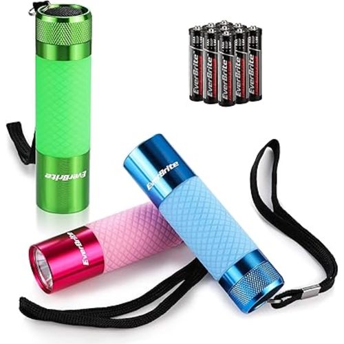 EverBrite 3-Pack Mini Flashlights, Glow in Dark Flashlights, Aluminum LED Flashlights Party Favors Assorted Colors for Camping, Hiking, Indoor, 9XAAA Batteries Included